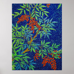 Poster Tecido Vintage Japonês - Berries and Leaves