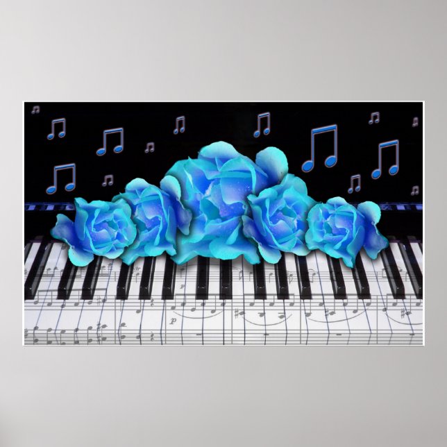Poster Teclado Piano Rosas Azul Tamanho Colossal (Frente)