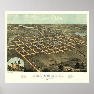 Poster Tecumseh, mapa panorâmico do MI - 1868
