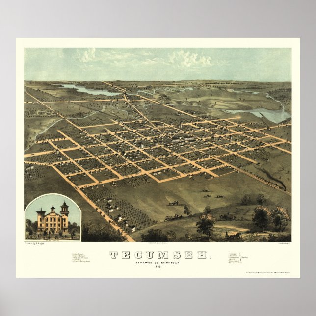 Poster Tecumseh, MI Mapa Panorâmico - 1868 (Frente)