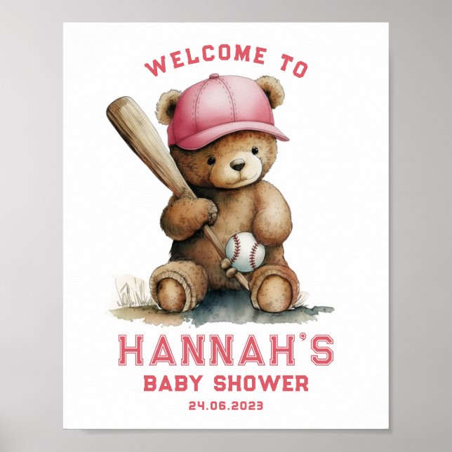 Poster Tedd Bear Baseball Player Boy Welcome Baby Shower (Frente)