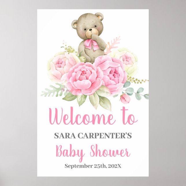 Poster Teddy Baby Shower Girl Pink Bear Welcome Sign (Frente)