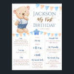 Poster Teddy Bear 1st Birthday Milestone personalized<br><div class="desc">Teddy Bear 1st Birthday Milestone personalized board.</div>
