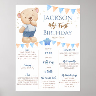 Poster Teddy Bear 1st Birthday Milestone personalized