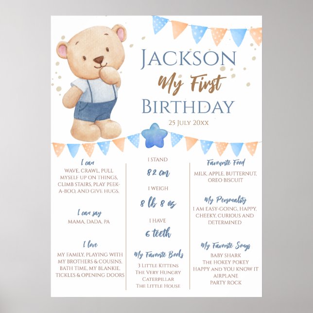 Poster Teddy Bear 1st Birthday Milestone personalized (Frente)