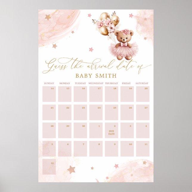 Poster Teddy Bear Baby Shower Guess Due Date Calendar (Frente)