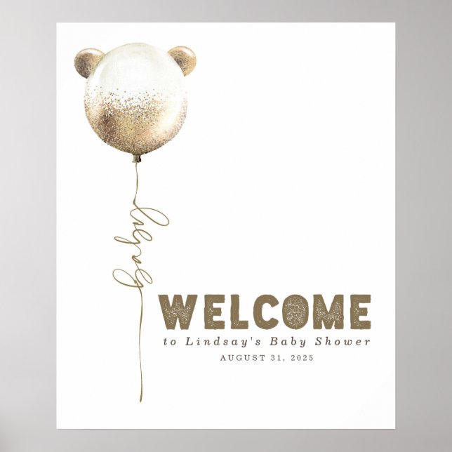Poster Teddy Bear Balloon Baby Shower Welcome Sign (Frente)