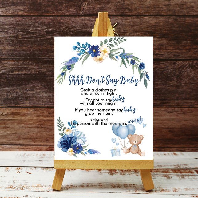 Poster Teddy Bear Blue Balloon Shhh Não Diga Jogo de Bebê (Criador carregado)
