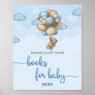 Poster Teddy bear blue ivory balloons books for baby