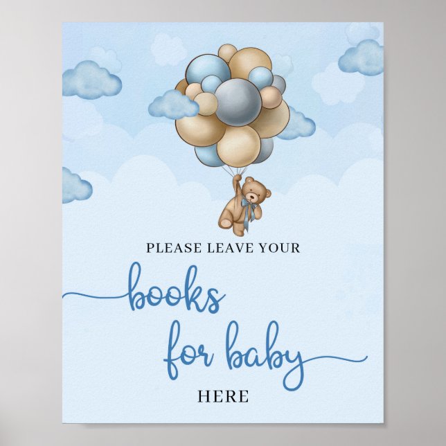 Poster Teddy bear blue ivory balloons books for baby (Frente)