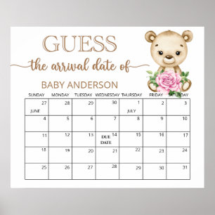 Poster Teddy Bear Chá de fraldas Adivinha Calendário de D