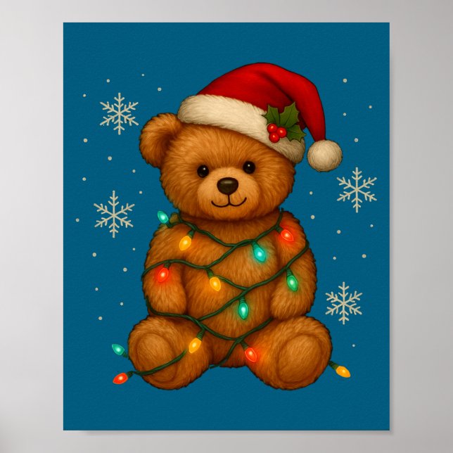 Poster Teddy Bear Christmas Tree Lights Santa Hat For Bea (Frente)