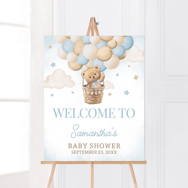 Poster Teddy Bear Hot Air Balloon Bem-vindo (Boho Blue Bear Baby Shower Welcome Sign)
