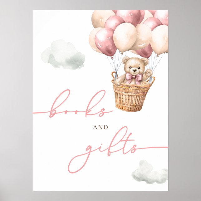 Poster Teddy Bear Hot Air Balon Livros Rosa E Presentes (Frente)