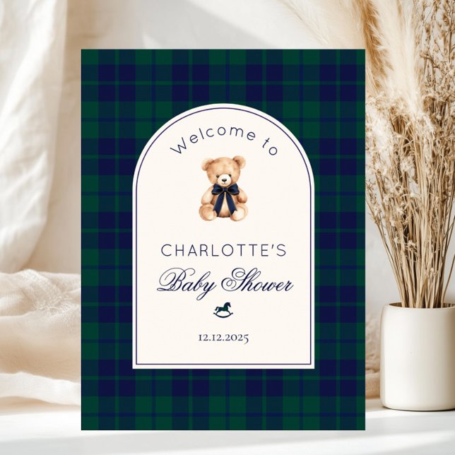 Poster Teddy bear Preppy Plaid Baby Shower Welcome (Criador carregado)