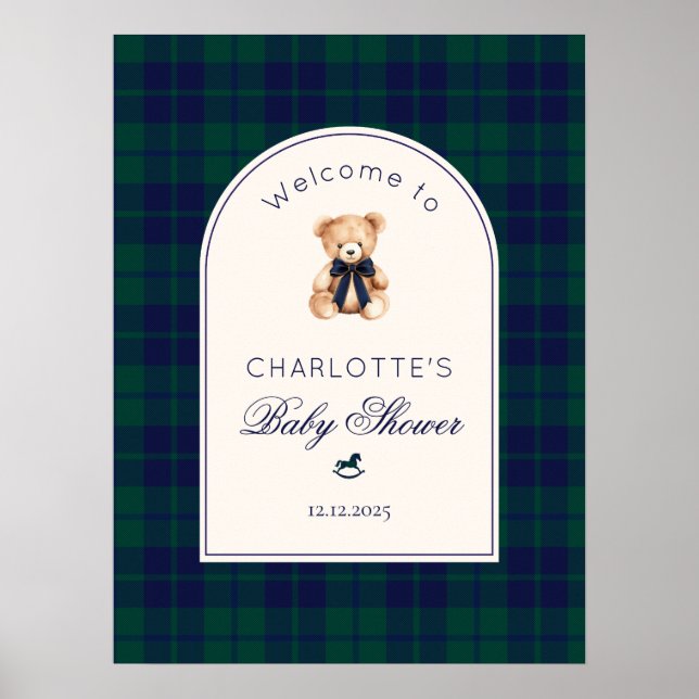 Poster Teddy bear Preppy Plaid Baby Shower Welcome (Frente)