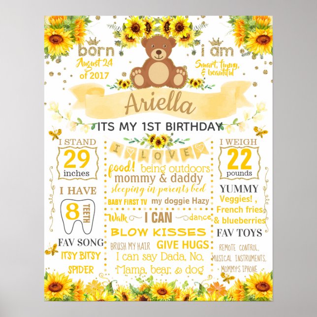 Poster Teddy Bear Sun Flower Birthday Party sign board (Frente)