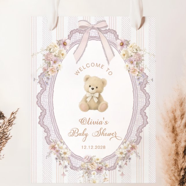 Poster Teddy Bear Vintage Bow Baby Shower Welcome (Criador carregado)