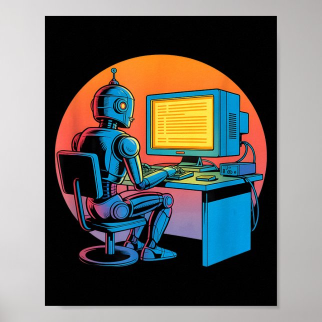 Poster Tela de computador de codificação de robô retrô en (Frente)