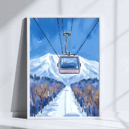 Poster Teleférico de Esqui Montanha de Neve Pintura em Aq