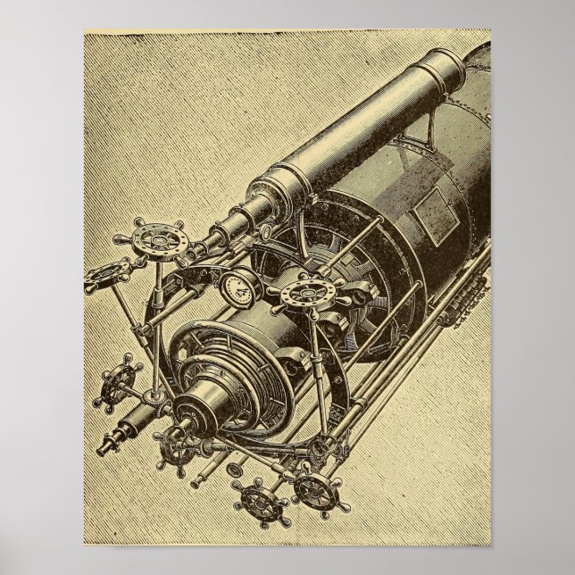 Poster Telescópio Steampunk ilustração vintage 1898 (Frente)