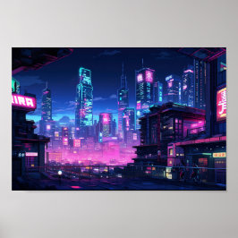 Poster Telhado da Cidade Noturna Cyberpunk
