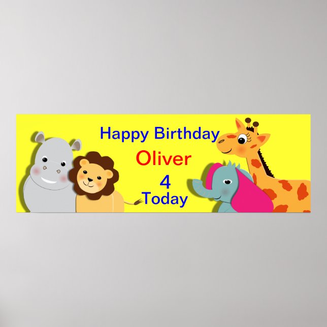 Pôster Tema Animal Feliz Aniversário Banner Personalizado (Frente)