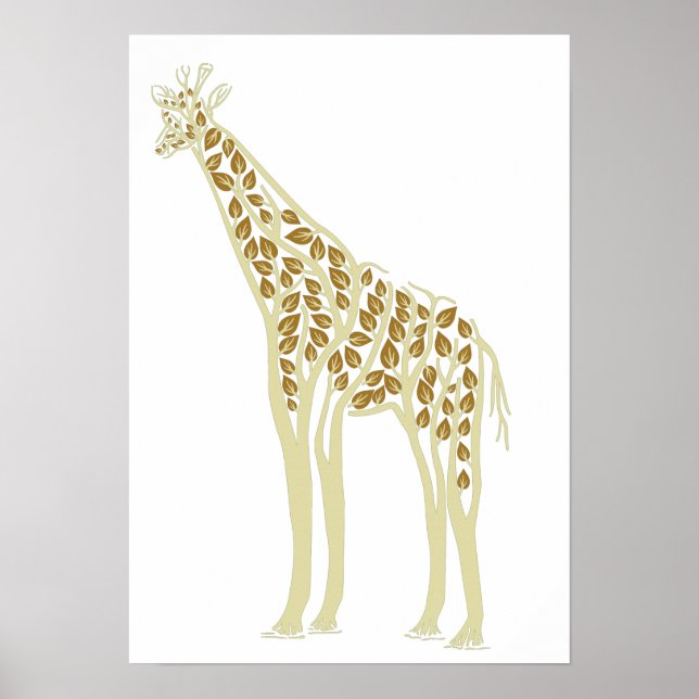 Poster Tema Artístico Africano Girafa Folhas de Árvore Na (Frente)