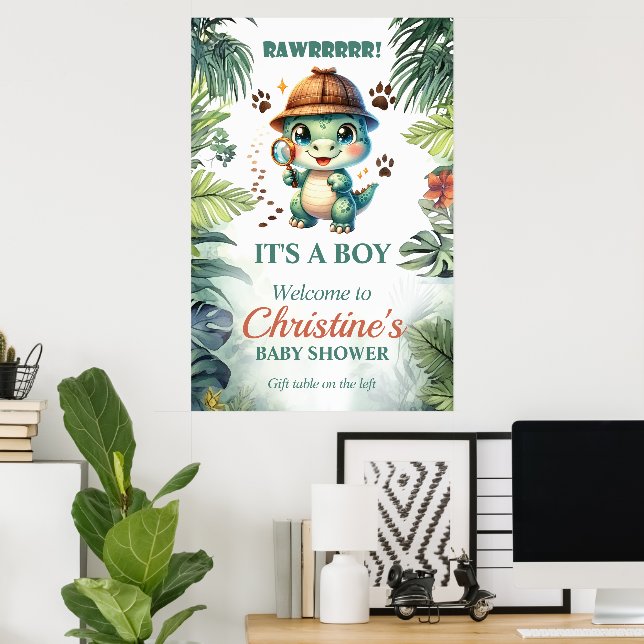 Poster Tema de Chuveiro de Bebê Dinossauro Fofo (Escritório em casa)
