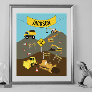 Poster Tema de decoração de local de construção de camiõe