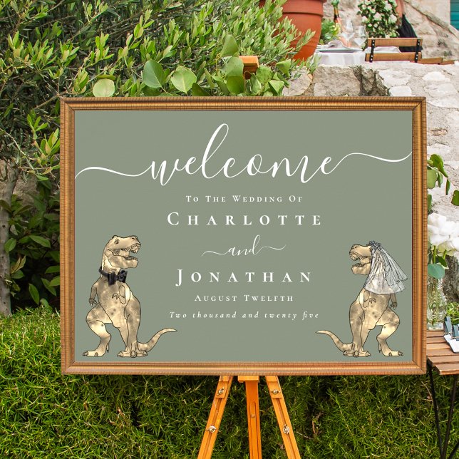 Poster Tema Dinossauro Verde Sage Casamento Bem-vindo (Dinosaur T-Rex bride and groom elegant sage green wedding welcome sign poster)
