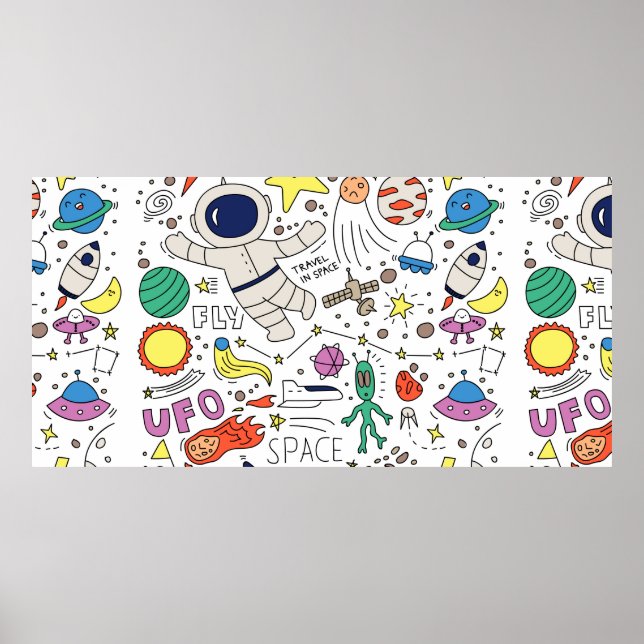 Poster Tema espacial na ilustração do estilo de rabisco (Frente)