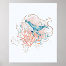 Poster Tema Oceano Rosa e Azul Baleia Aguarela Mar