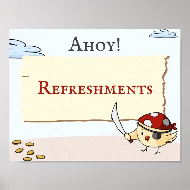 Poster Tema Pirata com Refressos de Aniversário de Aves (Frente)