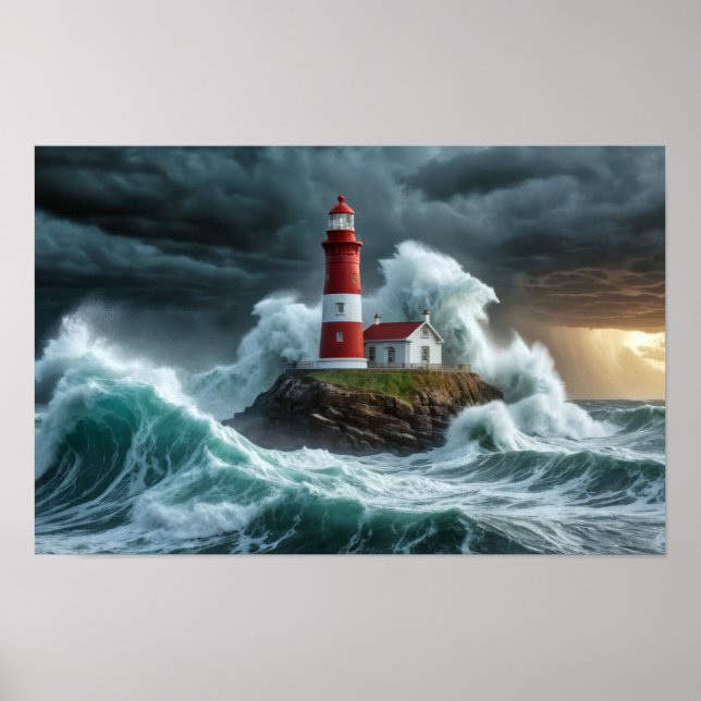Poster Tempestade no Oceano Farol Onda Poderosa Majestosa (Frente)