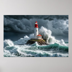 Poster Tempestade no Oceano Farol Onda Poderosa Majestosa