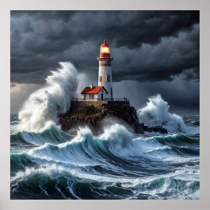 Poster Tempestade no Oceano Farol Onda Poderosa Majestosa