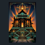 Poster Templo Art Déco Revival Egípcio Dourado e Turquesa<br><div class="desc">Uma fusão impressionante dos estilos Art Déco e Egito Antigo. Apresentando um grandioso templo piramidal,  palmeiras e motivos egípcios sob um disco solar alado,  tudo numa paleta luxuosa dourada e turquesa.</div>