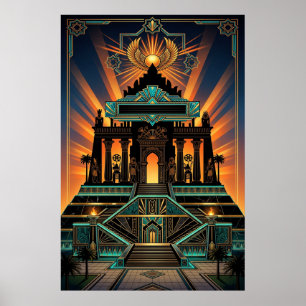 Poster Templo Art Déco Revival Egípcio Dourado e Turquesa
