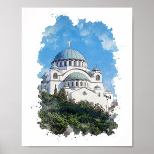 Poster Templo do Santo Sava Sérvia Watercolor Art