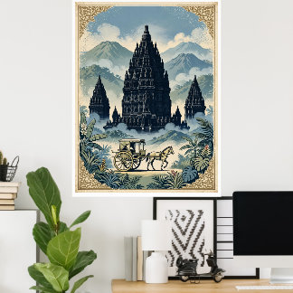 Poster Templo Hindu Prambanan Vintage Java Indonésia