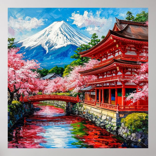 Poster Templo Japonês Tradicional com Floradas de Cerejei (Frente)