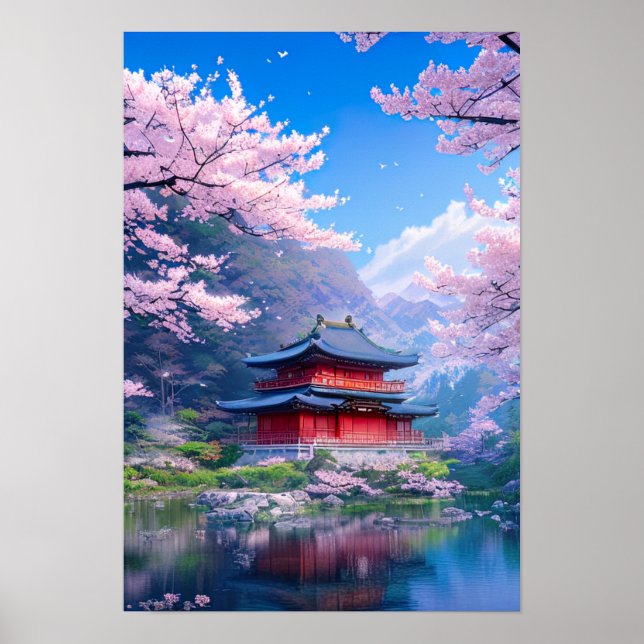 Poster Templo tradicional japonês pelo lago Calm (Frente)