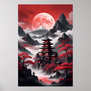 Poster Templos japoneses nas montanhas enevoadas