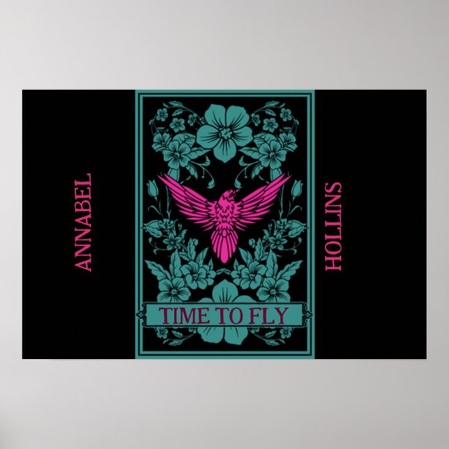 Poster TEMPO DE VOO - Pássaro rosa exótico/flores azuis d (Frente)