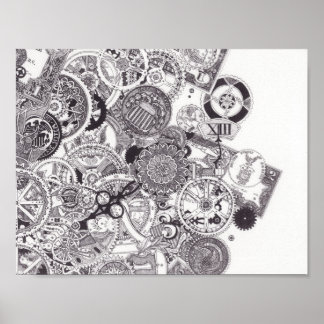 Pôster Tempo e dinheiro - Steampunk preto e branco