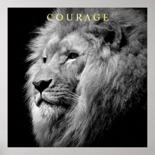 Pôster Tendência Motivational Courage Lion Single Black W
