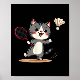 Poster Tênis de Badminton Engraçado Gato Fofo Raquete Vol