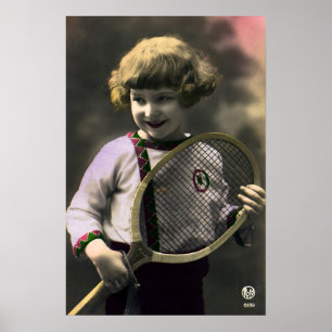 Poster Tênis Esportivo Vintage, Garota Feliz com Raquete