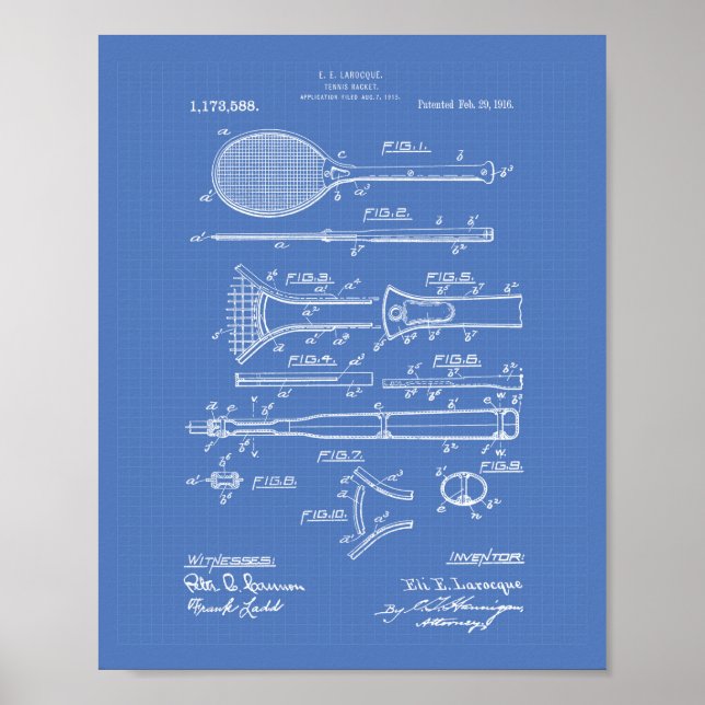 Poster Tênis Racket 1916 - Arte patenteada - Blueprint (Frente)